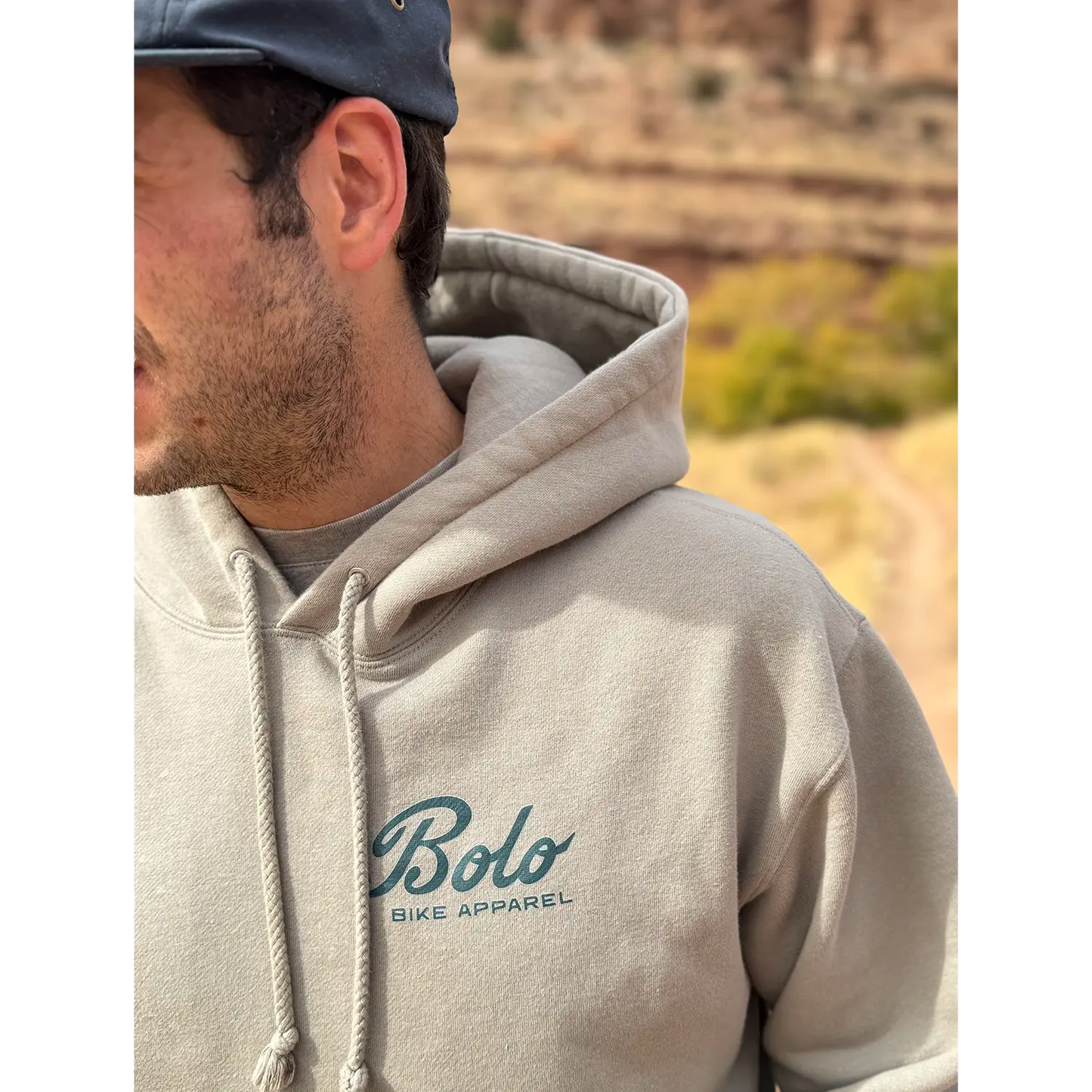 Close up of bolo bike logo on Desert Drifter Hoodie