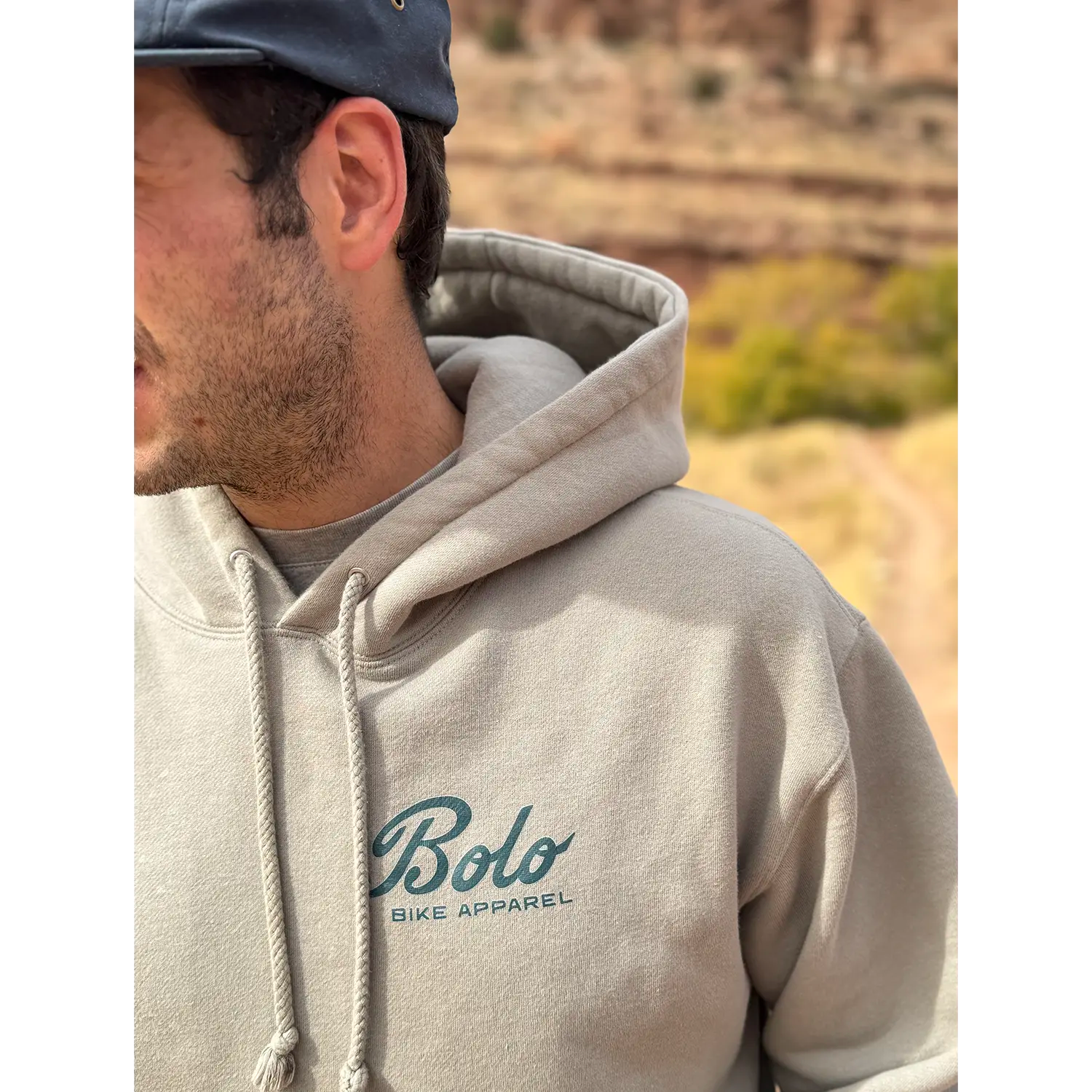 Close up of bolo bike logo on Desert Drifter Hoodie